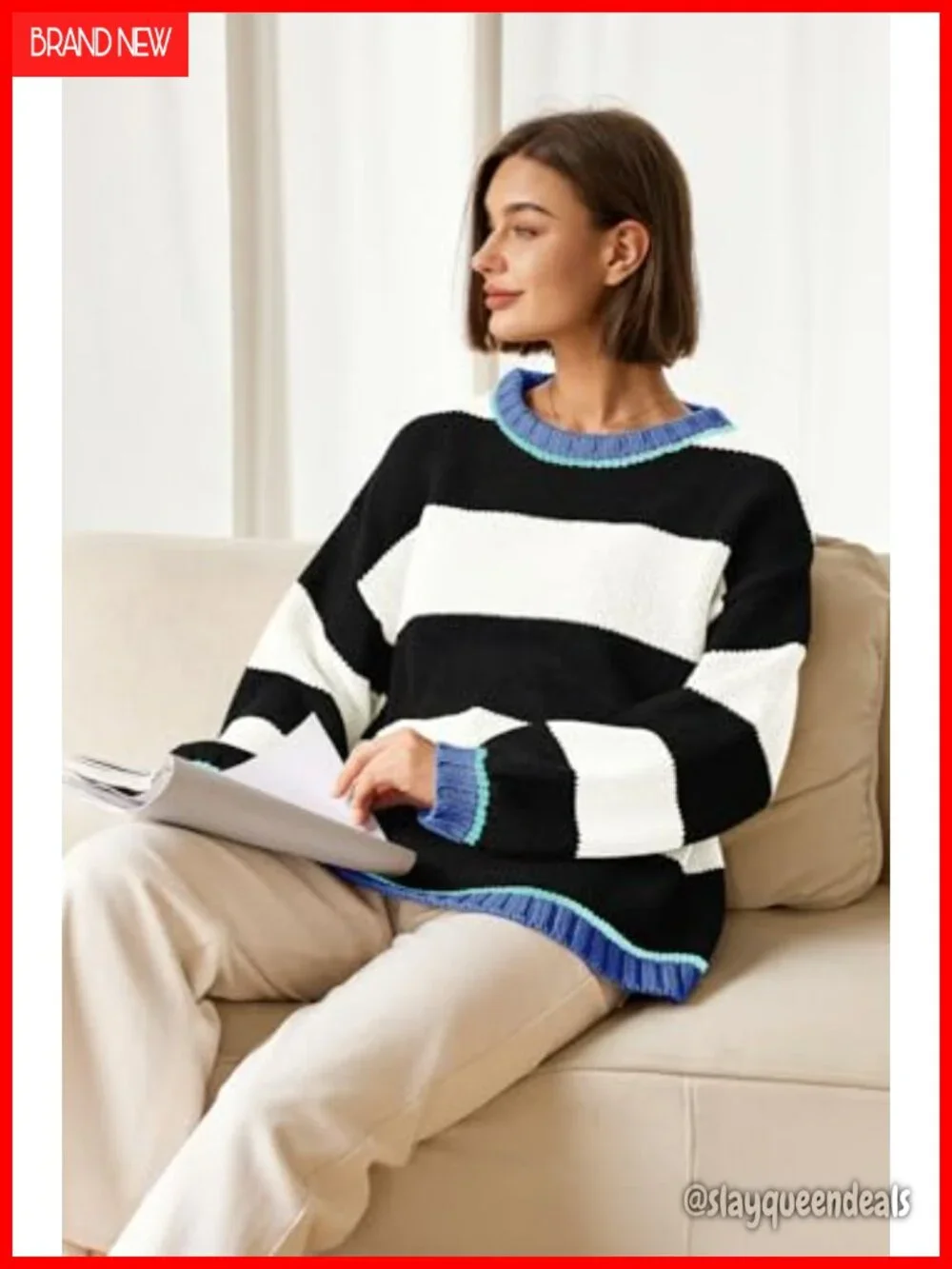 Oversized Chunky Cable Knit Striped Pullover Sweater